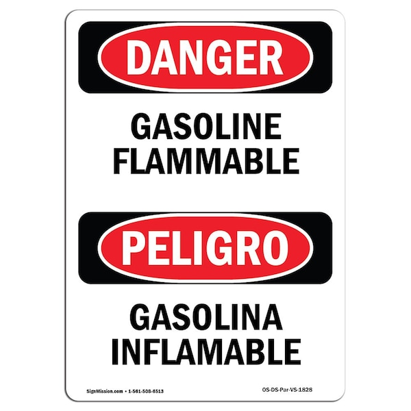 Safety Sign, OSHA Danger, 5" Height, Gasoline Flammable Bilingual Spanish, 10PK